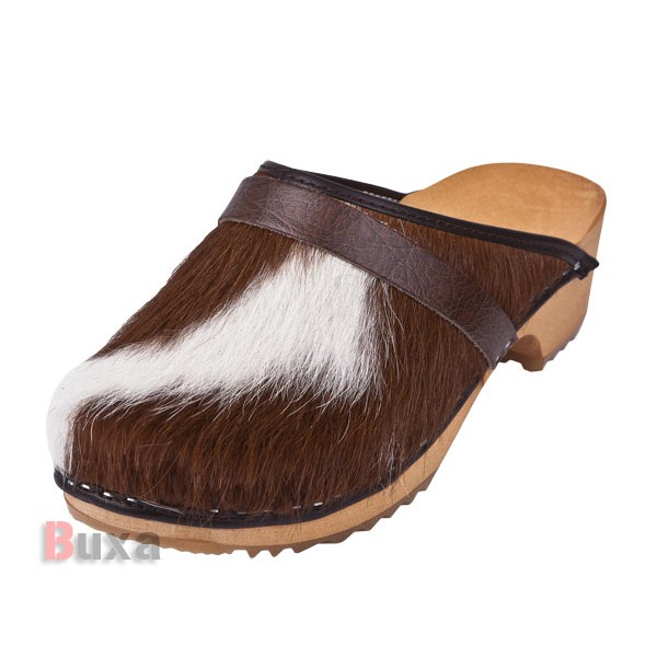 Klasik P1 Clogs – Leder mit braun-weißem Fell