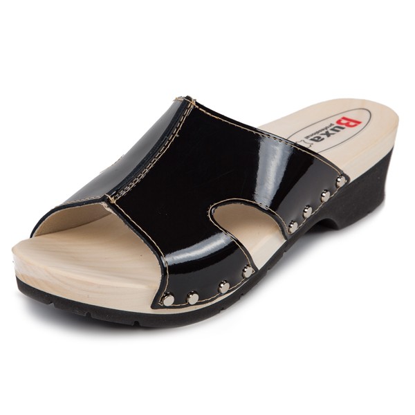 Wooden Slippers On Rubber Sole KPU2 - Glossy Black